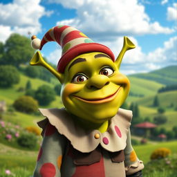 A whimsical green ogre character inspired by Shrek but with unique features, large expressive eyes, and an endearing smile