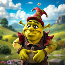 A whimsical green ogre character inspired by Shrek but with unique features, large expressive eyes, and an endearing smile