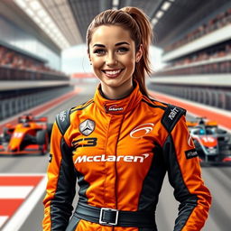 A digital artwork of a charismatic adult woman wearing a stylish McLaren F1 racing suit, with rich orange and black colors