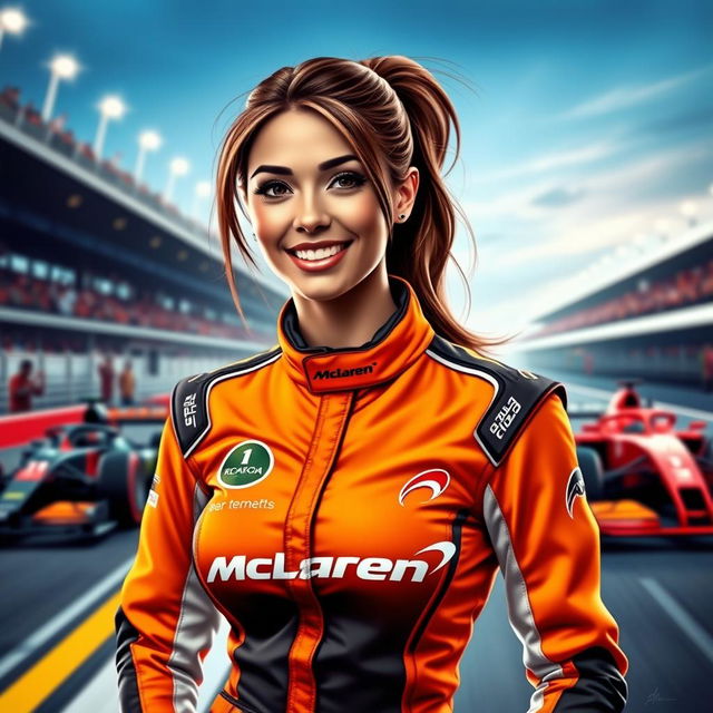 A digital artwork of a charismatic adult woman wearing a stylish McLaren F1 racing suit, with rich orange and black colors