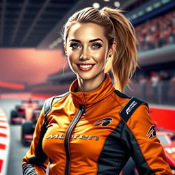 A digital artwork of a charismatic adult woman wearing a stylish McLaren F1 racing suit, with rich orange and black colors