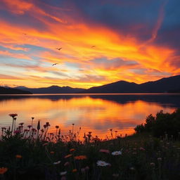 A breathtaking landscape featuring a vibrant sunset over a calm lake, with reflections of the colorful sky in the water