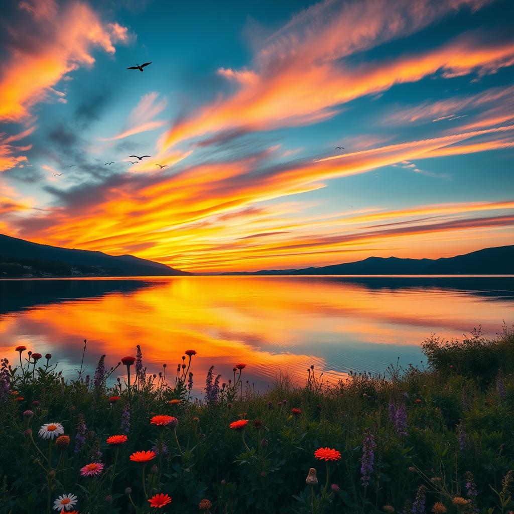 A breathtaking landscape featuring a vibrant sunset over a calm lake, with reflections of the colorful sky in the water