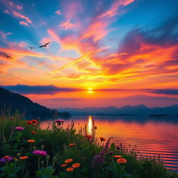 A breathtaking landscape featuring a vibrant sunset over a calm lake, with reflections of the colorful sky in the water