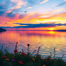 A breathtaking landscape featuring a vibrant sunset over a calm lake, with reflections of the colorful sky in the water