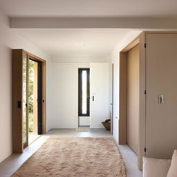 A squarish 14ft by 14ft bedroom designed in a plain and simple style. The room features three doors: an entrance door, a door leading to an open area, and another door for the bathroom.