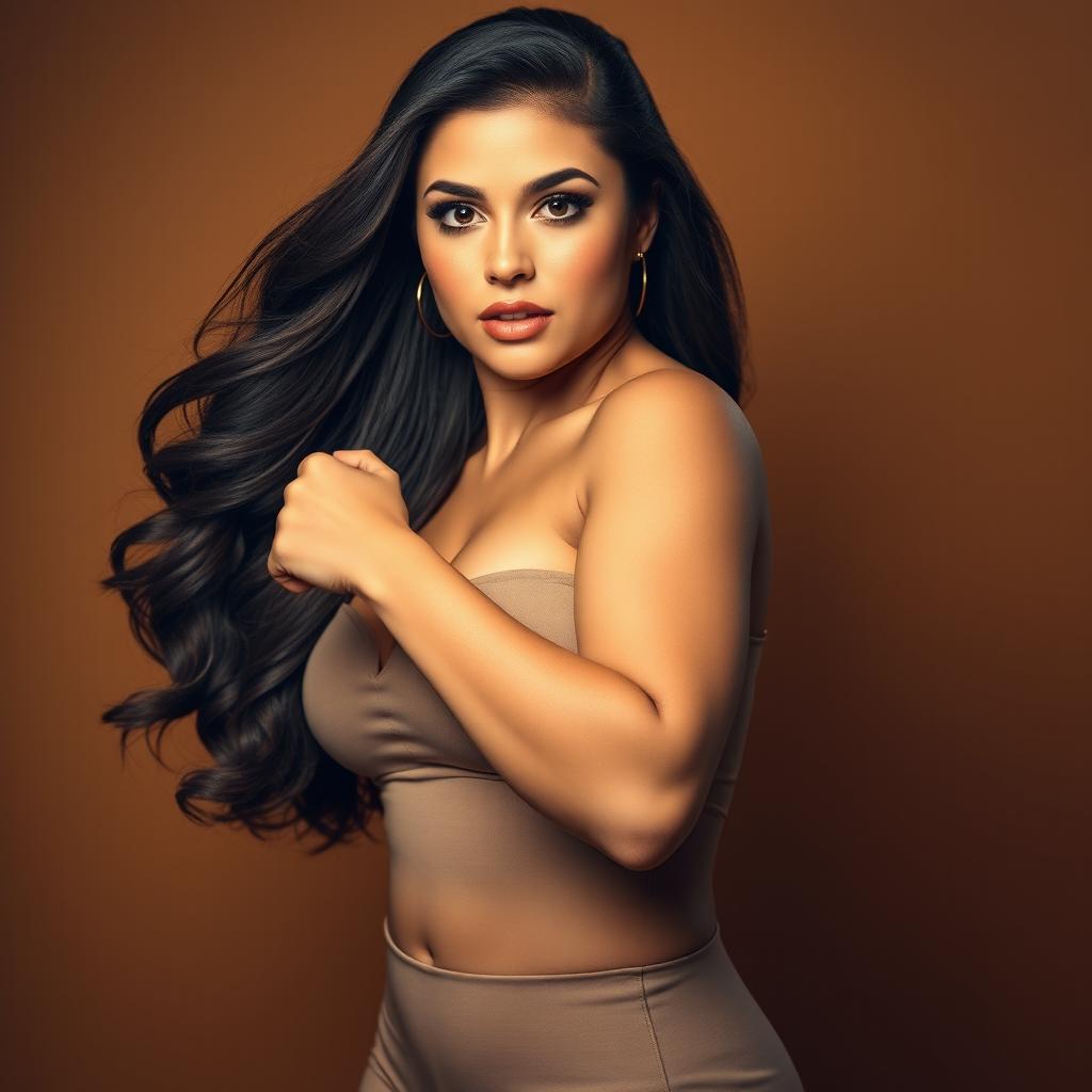 A captivating portrait of a confident woman with a curvy figure, striking a powerful pose