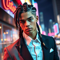 A young, stylish male figure with a confident pose, wearing an elegant outfit
