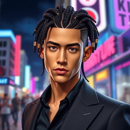 A young, stylish male figure with a confident pose, wearing an elegant outfit