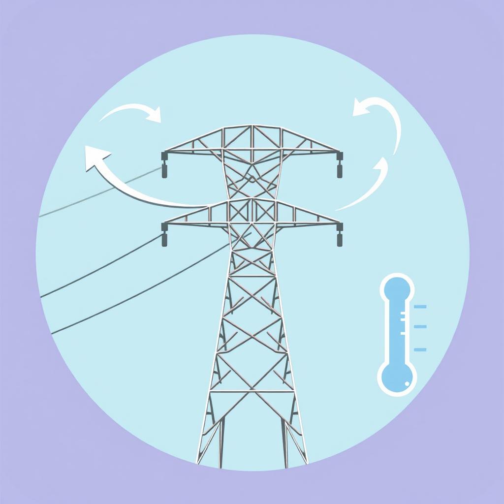 A detailed icon representing wind, temperature, and electric conductor tension in a transmission line, tailored for an academic presentation in a Bachelor of Science in Electrical and Electronics Engineering (EEE)