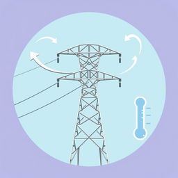 A detailed icon representing wind, temperature, and electric conductor tension in a transmission line, tailored for an academic presentation in a Bachelor of Science in Electrical and Electronics Engineering (EEE)