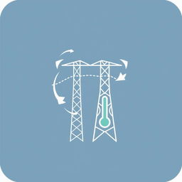 A detailed icon representing wind, temperature, and electric conductor tension in a transmission line, tailored for an academic presentation in a Bachelor of Science in Electrical and Electronics Engineering (EEE)