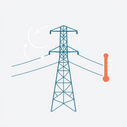 A detailed icon representing wind, temperature, and electric conductor tension in a transmission line, tailored for an academic presentation in a Bachelor of Science in Electrical and Electronics Engineering (EEE)