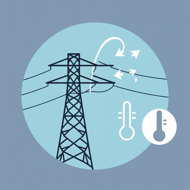 A detailed icon representing wind, temperature, and electric conductor tension in a transmission line, tailored for an academic presentation in a Bachelor of Science in Electrical and Electronics Engineering (EEE)