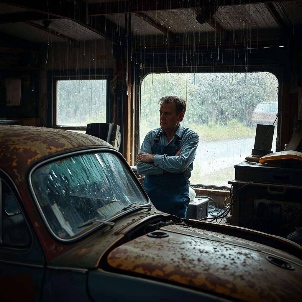 An old, worn-out car being repaired in a workshop during a rainy day