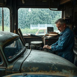 An old, worn-out car being repaired in a workshop during a rainy day