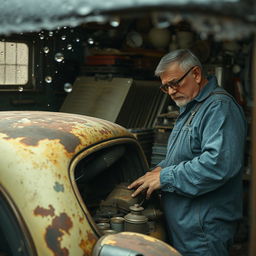 An old, worn-out car being repaired in a workshop during a rainy day