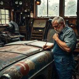 An old, worn-out car being repaired in a workshop during a rainy day