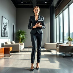 A full-length portrait of Marina Laswick confidently wearing a tailored three-piece men's business suit, with form-fitting trousers and stylish high heels