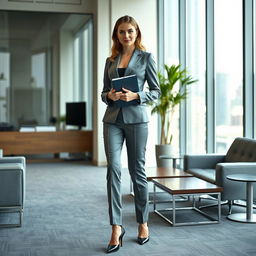 A full-length portrait of Marina Laswick confidently wearing a tailored three-piece men's business suit, with form-fitting trousers and stylish high heels