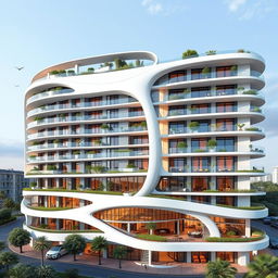 A beautiful residential and commercial building with a futuristic, curved design rising to 15 floors
