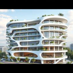 A beautiful residential and commercial building with a futuristic, curved design rising to 15 floors