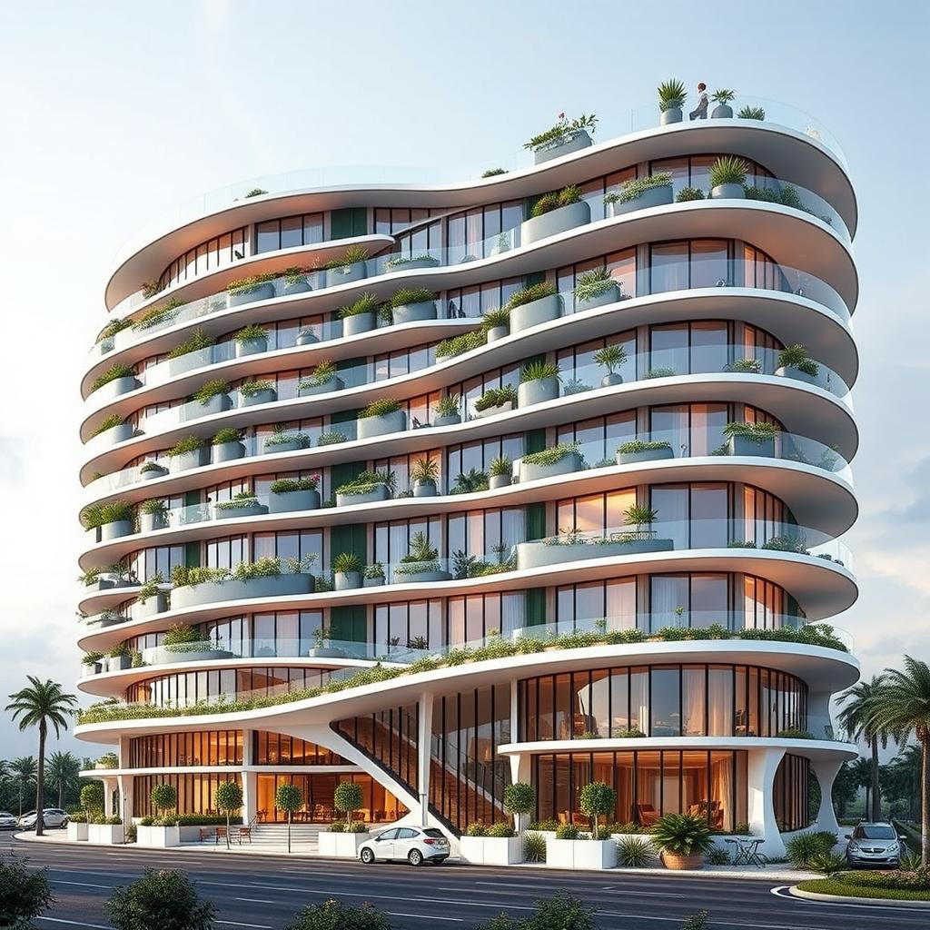 A beautiful residential and commercial building with a futuristic, curved design rising to 15 floors