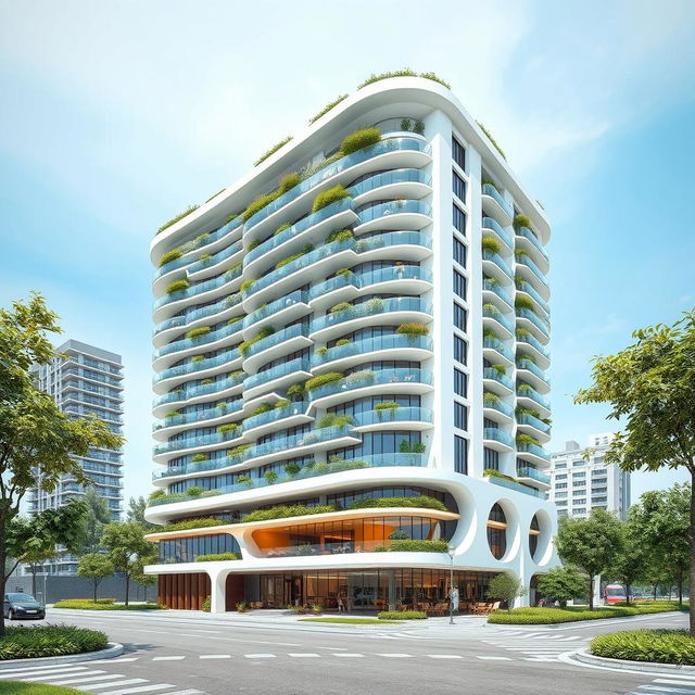 A beautiful residential and commercial building with a futuristic, curved design rising to 15 floors