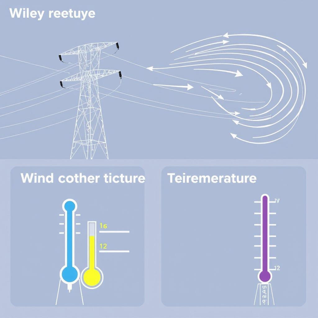 A collection of images depicting key concepts of wind, temperature, and electric conductor tension related to transmission lines for an academic presentation in a Bachelor of Science in Electrical and Electronics Engineering (EEE)