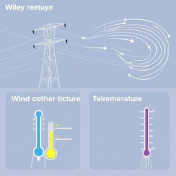 A collection of images depicting key concepts of wind, temperature, and electric conductor tension related to transmission lines for an academic presentation in a Bachelor of Science in Electrical and Electronics Engineering (EEE)