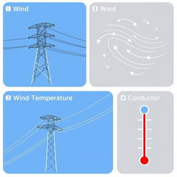 A collection of images depicting key concepts of wind, temperature, and electric conductor tension related to transmission lines for an academic presentation in a Bachelor of Science in Electrical and Electronics Engineering (EEE)