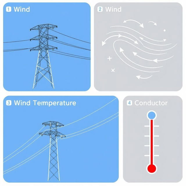 A collection of images depicting key concepts of wind, temperature, and electric conductor tension related to transmission lines for an academic presentation in a Bachelor of Science in Electrical and Electronics Engineering (EEE)