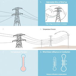 A collection of images depicting key concepts of wind, temperature, and electric conductor tension related to transmission lines for an academic presentation in a Bachelor of Science in Electrical and Electronics Engineering (EEE)