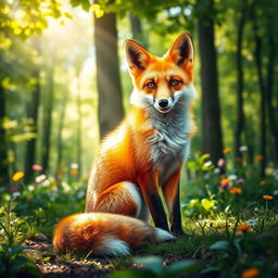 A stunning portrait of a fox sitting elegantly in a lush forest
