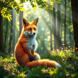 A stunning portrait of a fox sitting elegantly in a lush forest