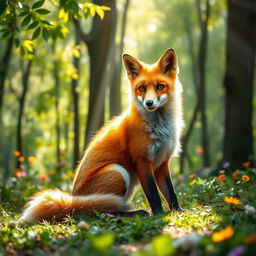 A stunning portrait of a fox sitting elegantly in a lush forest