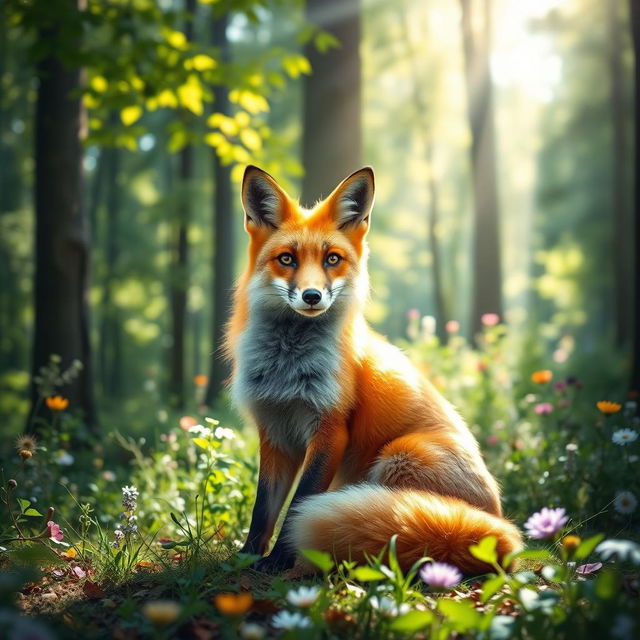 A stunning portrait of a fox sitting elegantly in a lush forest