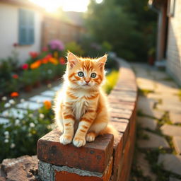 A playful cat sitting on a brick wall, its fur beautifully lit by the golden sunlight