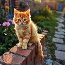A playful cat sitting on a brick wall, its fur beautifully lit by the golden sunlight