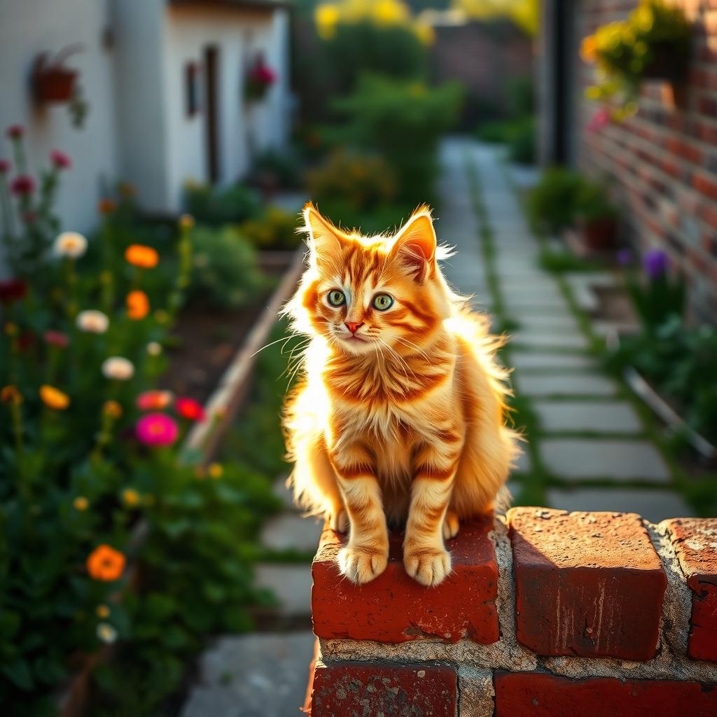 A playful cat sitting on a brick wall, its fur beautifully lit by the golden sunlight