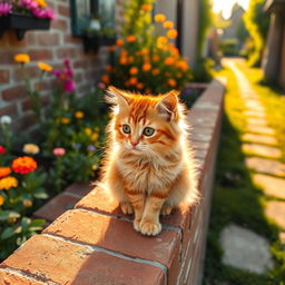 A playful cat sitting on a brick wall, its fur beautifully lit by the golden sunlight