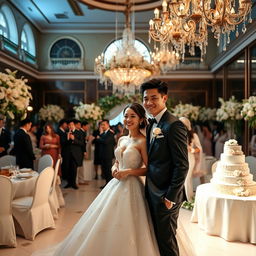 A modern and charming wedding scene featuring a young couple in a grand palace