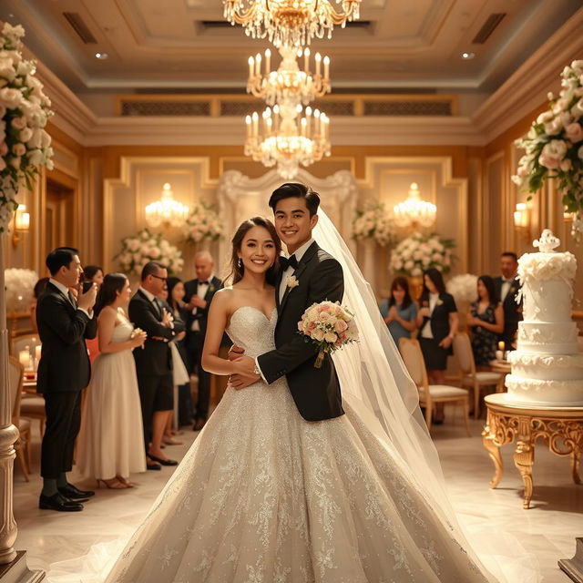 A modern and charming wedding scene featuring a young couple in a grand palace