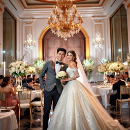 A modern and charming wedding scene featuring a young couple in a grand palace
