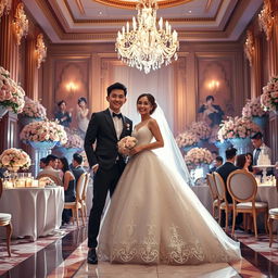 A modern and charming wedding scene featuring a young couple in a grand palace