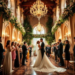A stunning and modern wedding scene featuring a young couple in a grand castle