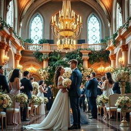 A stunning and modern wedding scene featuring a young couple in a grand castle