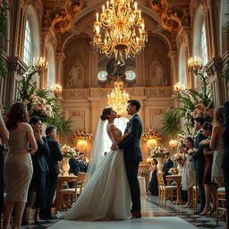 A stunning and modern wedding scene featuring a young couple in a grand castle