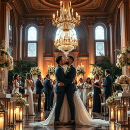 A stunning and modern wedding scene featuring a young couple in a grand castle