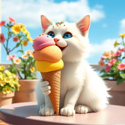 A whimsical scene featuring a cute cat happily eating a colorful ice cream cone